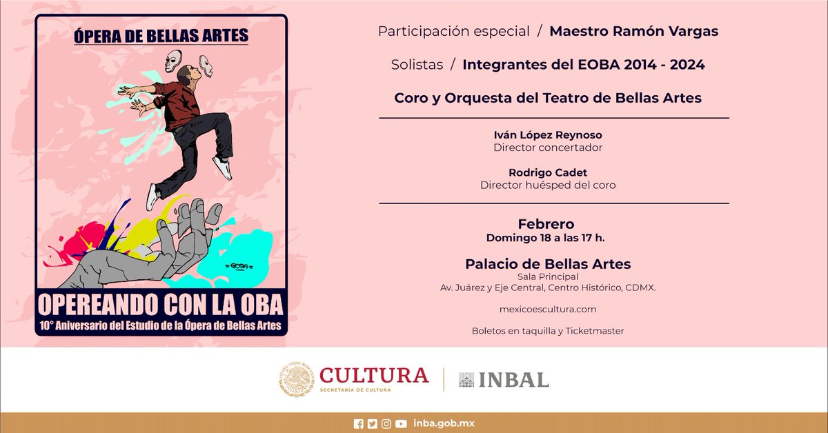 bellasartesinba's tweet photo. El @eoba_inbal, acompañado por el @ctba_inbal, la #OTBA, exeobas y el Mtro. Ramón Vargas, celebrará su 10º aniversario con el concierto de gala "Opereando", en la Sala Principal del @PalacioOficial. 🥳

¡Festeja con el Estudio del #Inbal! 🎟️ Boletos en taquillas del recinto. https://t.co/PnKP87H1NT