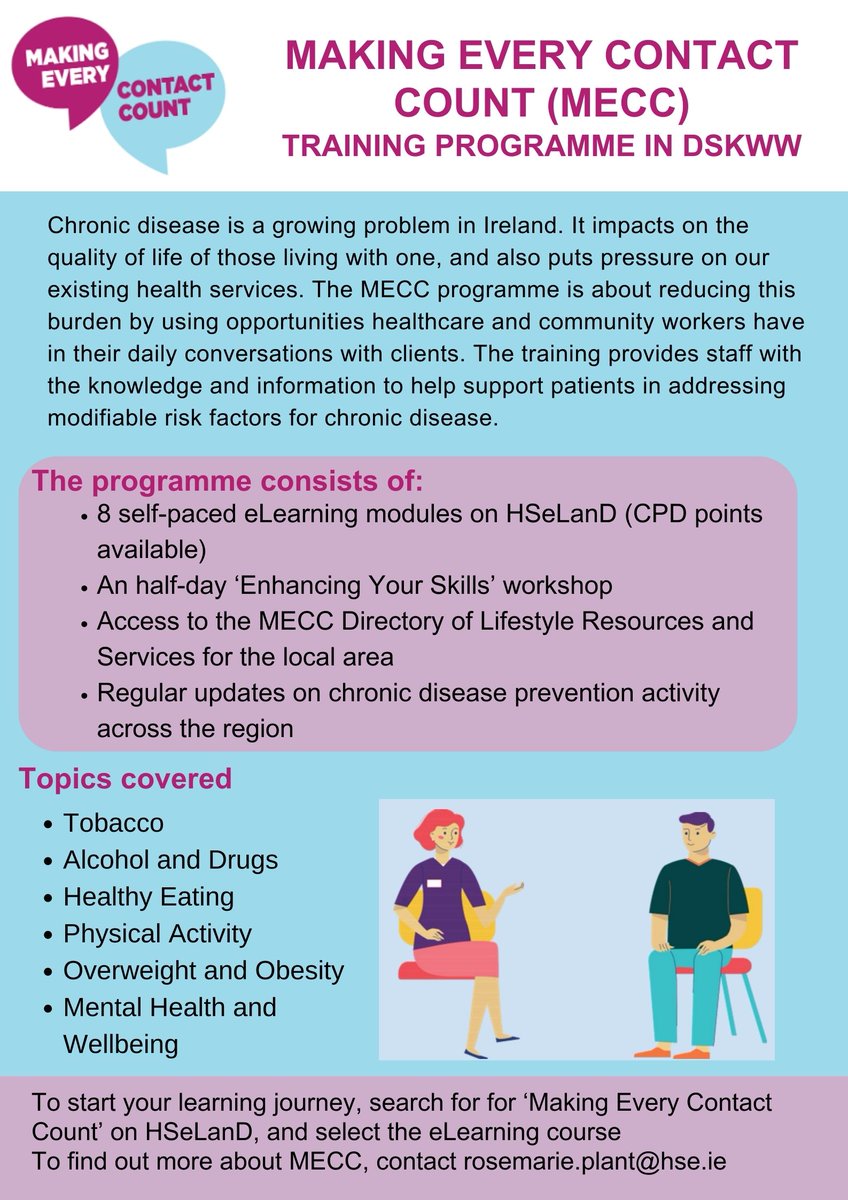 HSE Dublin and Midlands, Health & Wellbeing (@hw_hsedubmid) on Twitter photo MECC ‘Enhancing Your Skills’ workshop was held in Newbridge Primary Care Centre recently. Staff from CHN 12 joined by Social Prescribers and Healthcare workers from the region.
#MakingEveryContactCount
Contact Rose-marie Plant to know more about MECC: rosemarie.plant@hse.ie MECC ‘Enhancing Your Skills’ workshop was held in Newbridge Primary Care Centre recently. Staff from CHN 12 joined by Social Prescribers and Healthcare workers from the region.
#MakingEveryContactCount
Contact Rose-marie Plant to know more about MECC: rosemarie.plant@hse.ie