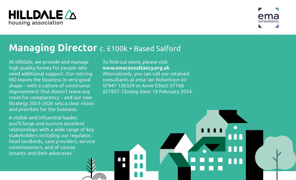 ema consultancy (@emaconsultancy) on Twitter photo <a href="/EmaConsultancy/">ema consultancy</a> are delighted to partner Hilldale Housing Association to recruit a new Managing Director. For further information visit emaconsultancy.org.uk or call retained consultants Ian Robertson on 07947 126329 or Anne Elliott on 07768 027837. Closing Date 18th February <a href="/EmaConsultancy/">ema consultancy</a> are delighted to partner Hilldale Housing Association to recruit a new Managing Director. For further information visit emaconsultancy.org.uk or call retained consultants Ian Robertson on 07947 126329 or Anne Elliott on 07768 027837. Closing Date 18th February