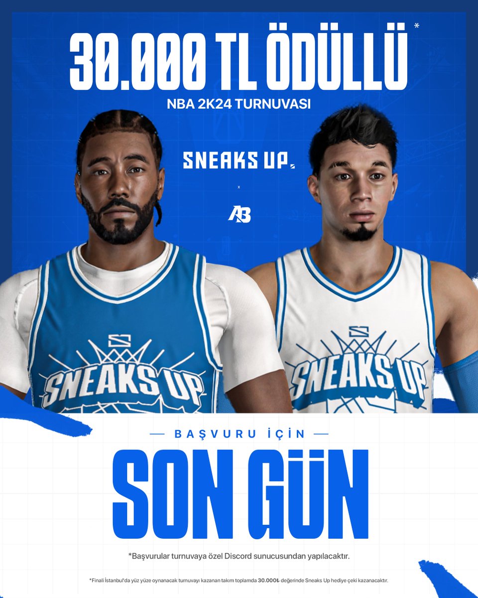 AlperBicen's tweet photo. Türkiye'nin ilk "YÜZ YÜZE FİNALLİ", 30.000₺* ödüllü @sneaks__up x AB #NBA2K24 3v3 PRO-AM turnuvası BAŞLIYOR!
*Turnuva sadece Türkiye'de yaşayan oyuncular içindir.
*Takımınız yoksa takım arama bölümünü kullanabilirsiniz.
Başvuru ve bilgi için: https://t.co/hzyHylZ7Bh https://t.co/c41WnX54LL