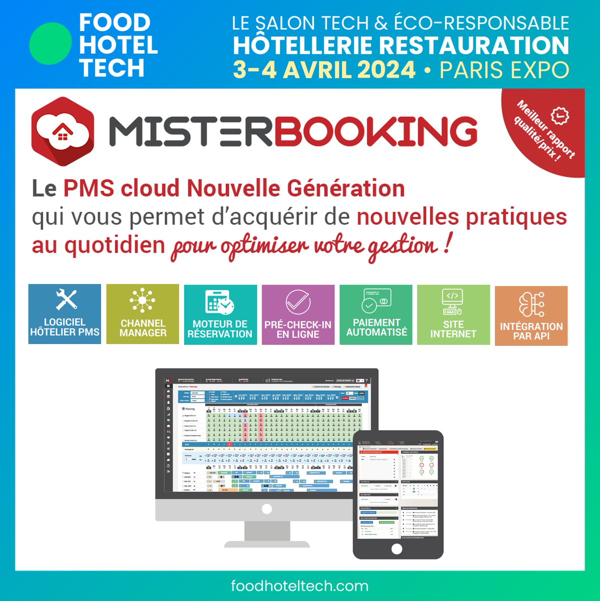 Food Hotel Tech (@foodhoteltech) on Twitter photo <a href="/Misterbooking/">Misterbooking</a>, le leader des logiciels hôteliers cloud depuis plus de 20 ans, sera présent au #FHT2024. Bénéficiez d’une démonstration personnalisée du #PMS et de tous ses modules optionnels pour la gestion des ventes et les #paiements automatisés, directement sur le stand C48 ! <a href="/Misterbooking/">Misterbooking</a>, le leader des logiciels hôteliers cloud depuis plus de 20 ans, sera présent au #FHT2024. Bénéficiez d’une démonstration personnalisée du #PMS et de tous ses modules optionnels pour la gestion des ventes et les #paiements automatisés, directement sur le stand C48 !