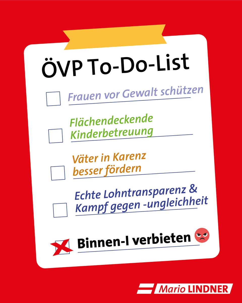 Der ÖVP-Kulturkampf geht weiter: Die ÖVP von Noch-Kanzler #Nehammer hat nichts, aber auch gar nichts für die Gleichstellung in unserem Land geschafft ... aber jetzt hat die Ablenkungskampagne gegen das Binnen-I Priorität! 🤦‍♀️ Diese Partei ist so am Ende, das kannst nicht erfinden!