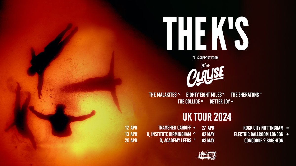 SUPPORT ADDED >> @TheKsUK will be joined by @TMalakites at Cardiff’s @TramshedCF, @88milesband at @O2InstituteBham, @TheSheratonsUK at @O2AcademyLeeds, #TheCollide at @Rock_City_Notts and @betterjoymusic at London's @EBallroomCamden 💥 Snap up tickets 👉 metropolism.uk/njzx50PZ2r2