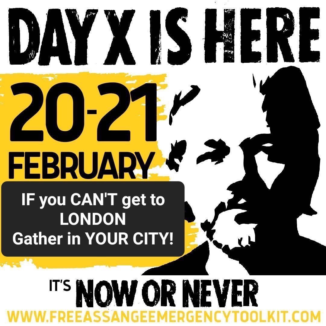 Join the Global protests on February 20-21 in support of political prisoner Julian Assange facing a 175 year sentence if extradited to the US for publishing #FreeAssange

Royal Courts of Justice, London 8.30am

Protests organized globally #FreeAssangeNOW
freeassange.org/free-assange-i…