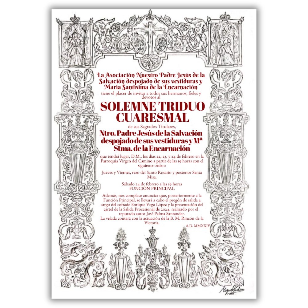 [OFICIAL]

Los próximos días 22, 23 y 24 de Febrero , tendrá lugar el Ejercicio de Triduo a nuestros Sagrado Titulares, a las 19:00H en la Parroquia Virgen del Camino, teniendo lugar el sábado la Función Principal.