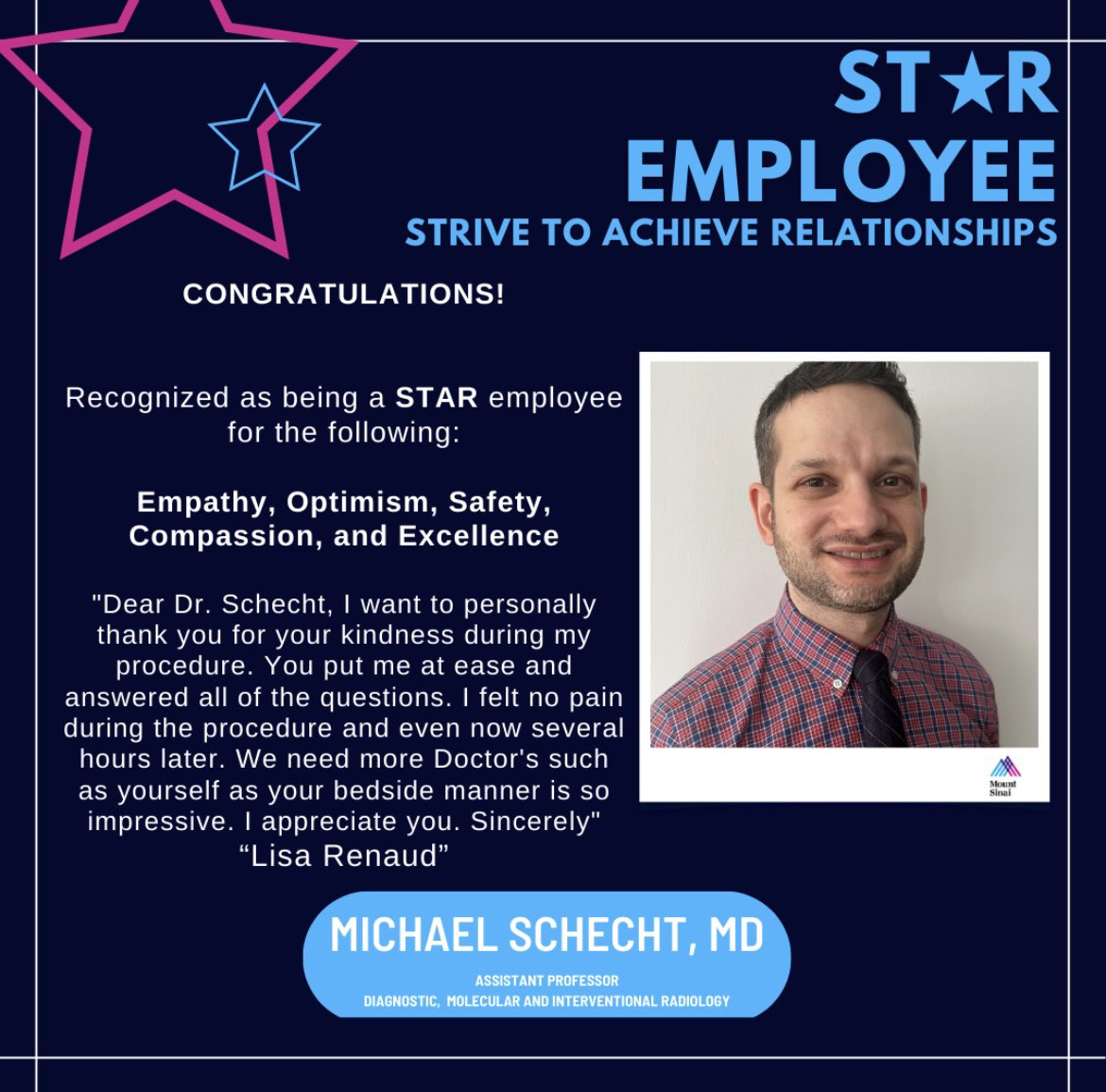Congratulations to Dr. Michael Schecht for receiving recognition through the Star nomination for his dedication to upholding the values and service behaviors of the @IcahnMountSinai @MountSinaiDMIR @NeuroSinai @RofskyMD #staremployee