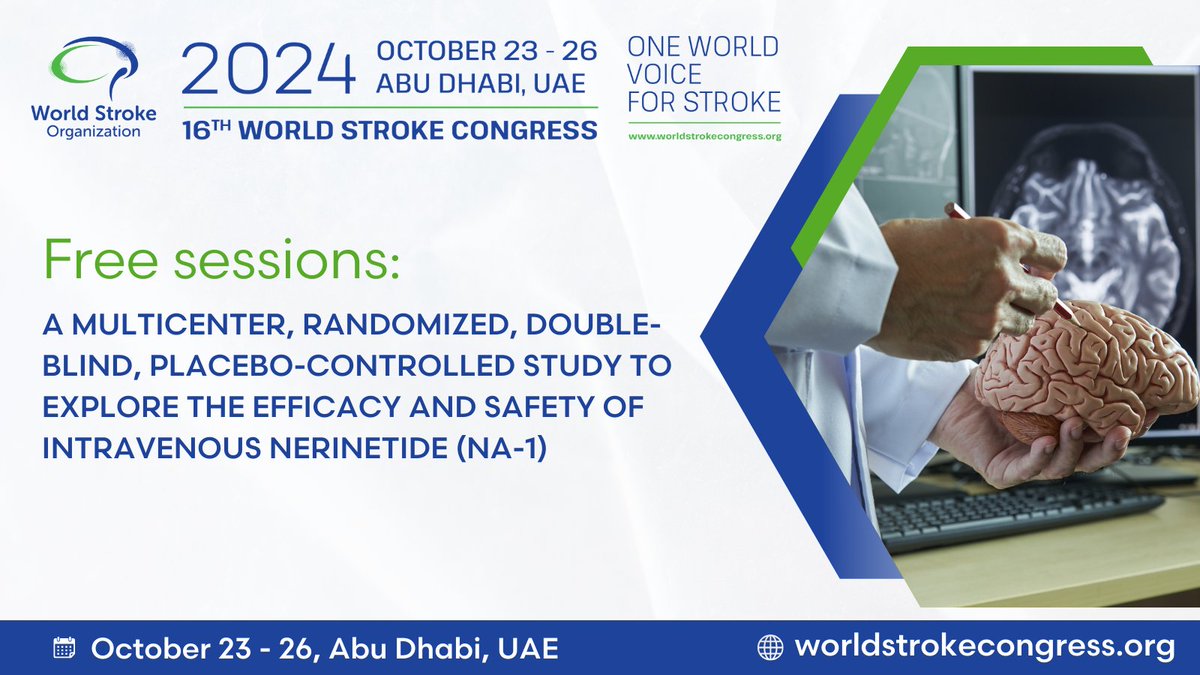 WorldStrokeOrg's tweet image. Dive into the latest breakthroughs in stroke treatment! 🧠
Watch the #WSC2023 FREE clinical trial session: &quot;Exploring Intravenous Nerinetide (NA-1) for Suspected Stroke Within Three Hours of Symptoms Onset&quot; by Prof. Dr. James Christenson.

▶️ Watch here : bit.ly/48gA4X8