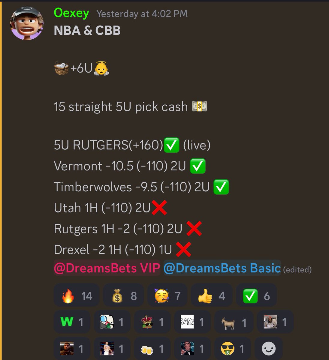 DreamsBets's tweet photo. 🔥 THE DISCORD ON FIRE 🔥

- ANOTHER NBA SWEEP FROM ME 🧹
- 140 UNITS YTD ON NBA FROM ME 

- @Oexey1 +99U YTD ON CBB &amp; NBA 
- HE HAS HIT 15 STRAIGHT 15U PLAYS

NOBODY IS DOING IT LIKE US 🧠

🔒 https://t.co/1Hpera4beH 🔒 https://t.co/d20I8ZBdZL