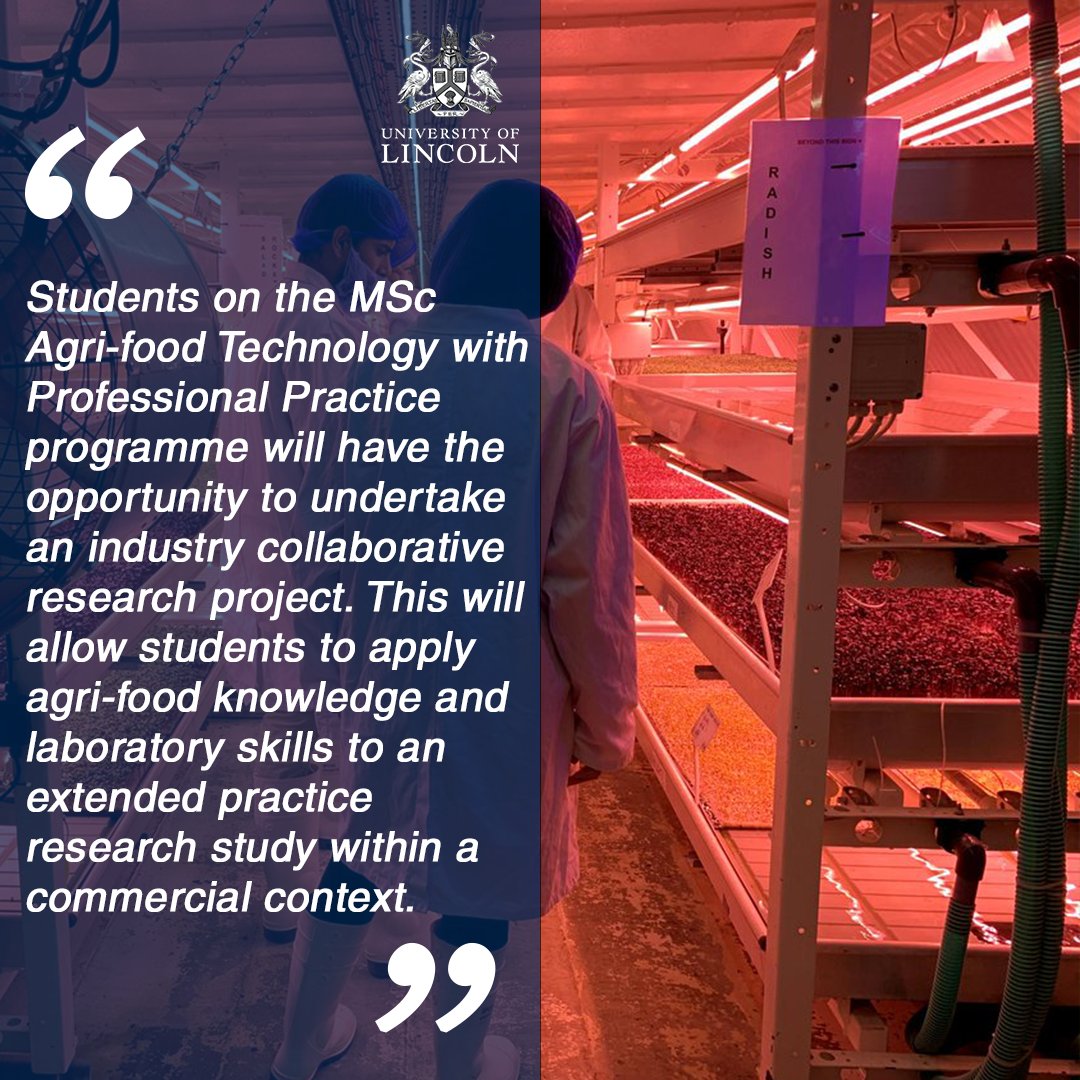 MSc Agri-food Technology provides the opportunity to undertake the module “Collaborative Research Project”. This module allows students to apply agri-food knowledge and laboratory skills within a commercial setting.

To find out more visit -
lincoln.ac.uk/course/agftppm…