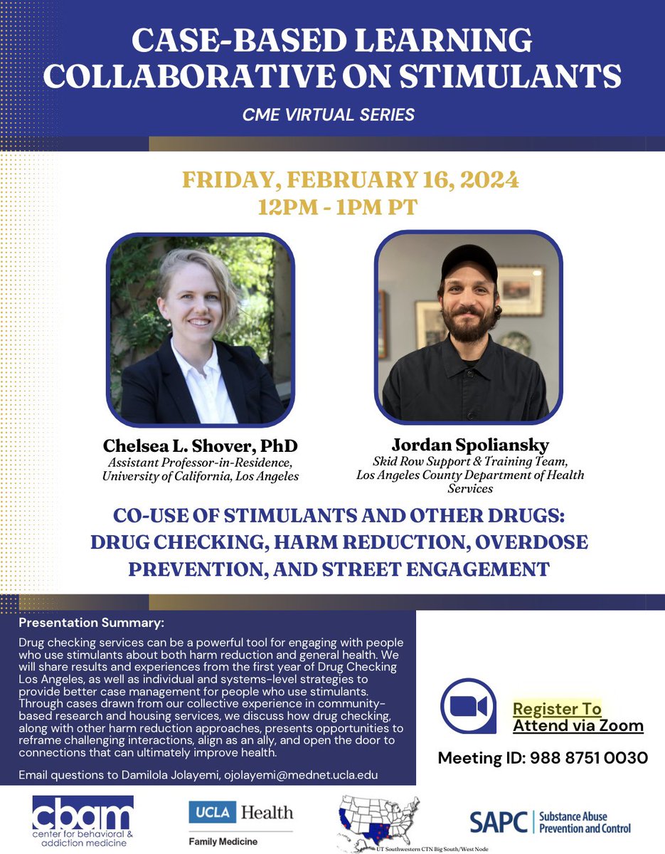 Today at Noon: Tune into @ChelseaLShover & Jordan's talk about drug checking and trauma-informed case management in people who use stimulants