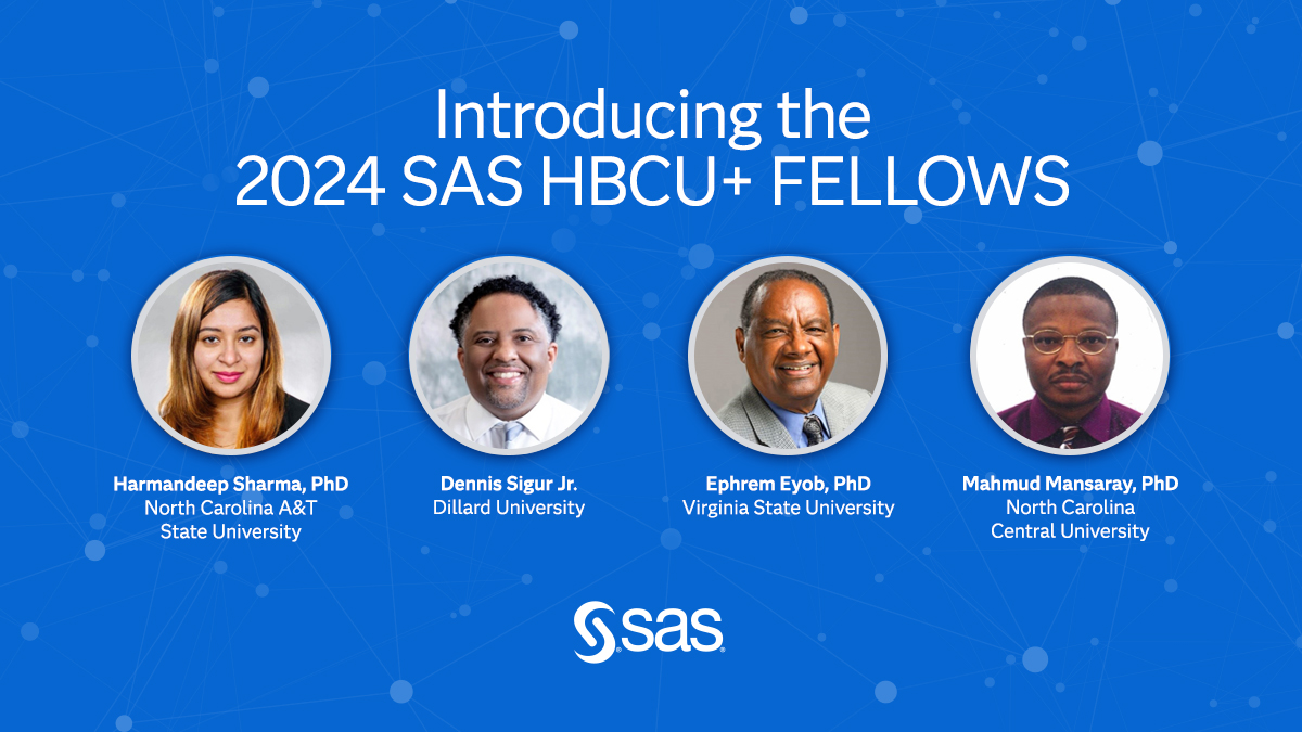 Introducing our 2024 SAS HBCU+ fellows! Our cohort includes four educators who are shaping the future of analytics. Read more about the program and meet the 2024 cohort. 

2.sas.com/6010n8pcn