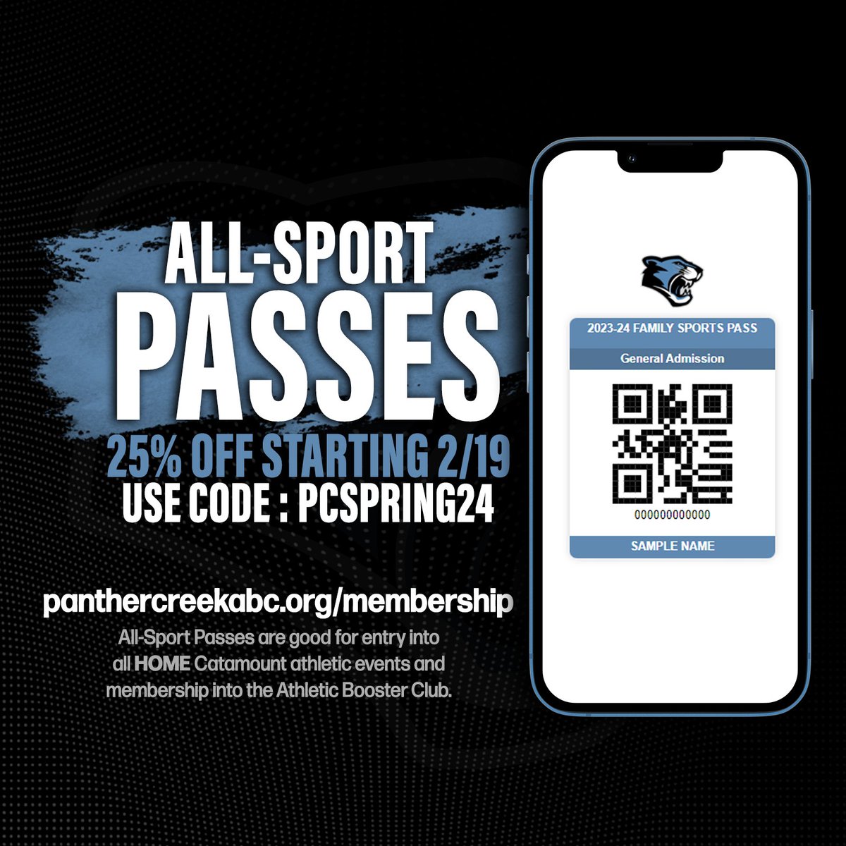 25% OFF SPORTS PASSES! 
You read that right! Starting next Monday, 2/19 and through Friday, 3/1, Sport Passes/Booster Club Memberships will be 25% OFF! Grab yours on Monday to help support our student-athletes and ALL sports teams
panthercreekabc.org/membership