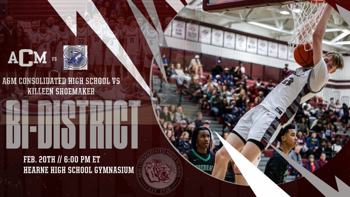🏀 THE Consol Tigers 🏀 (@consolboyshoops) on Twitter photo Round 1, Tigers Fight! <a href="/Consolboyshoops/">🏀 THE Consol Tigers 🏀</a> faces off against Killeen Shoemaker in the Bi-District round. This game will take place at Hearne High School gym on Tues. 2/20 as the first part of a double header with Belton and Lake Creek. Be there, be loud and in your Maroon! #TOP Round 1, Tigers Fight! <a href="/Consolboyshoops/">🏀 THE Consol Tigers 🏀</a> faces off against Killeen Shoemaker in the Bi-District round. This game will take place at Hearne High School gym on Tues. 2/20 as the first part of a double header with Belton and Lake Creek. Be there, be loud and in your Maroon! #TOP