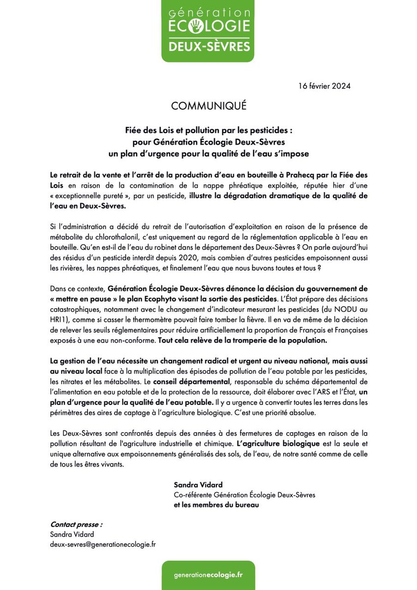 GEcologie's tweet photo. #Eau #Pesticides 
Après le retrait de la vente d'eau en bouteille en raison de la contamination de la nappe au chlotothalonil, @79Ecologie demande un plan d'urgence pour la qualité de l'eau potable et la conversion des terres à l'agriculture biologique. 
cc @fnab_bio @genefutures https://t.co/LidPykDFiq
