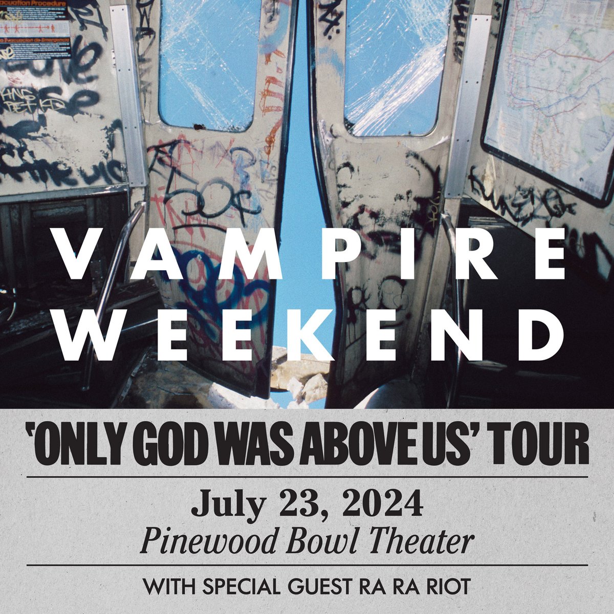 JUST ANNOUNCED: @VampireWeekend with special guest @RaRaRiot at @PinewoodBowl July 23. Tickets on sale February 23 at 10AM. More info: bit.ly/vwpwb24 Please note: Mobile ticket delivery only. At this time, the Pinnacle Bank Arena ticket office is open only on Tuesdays