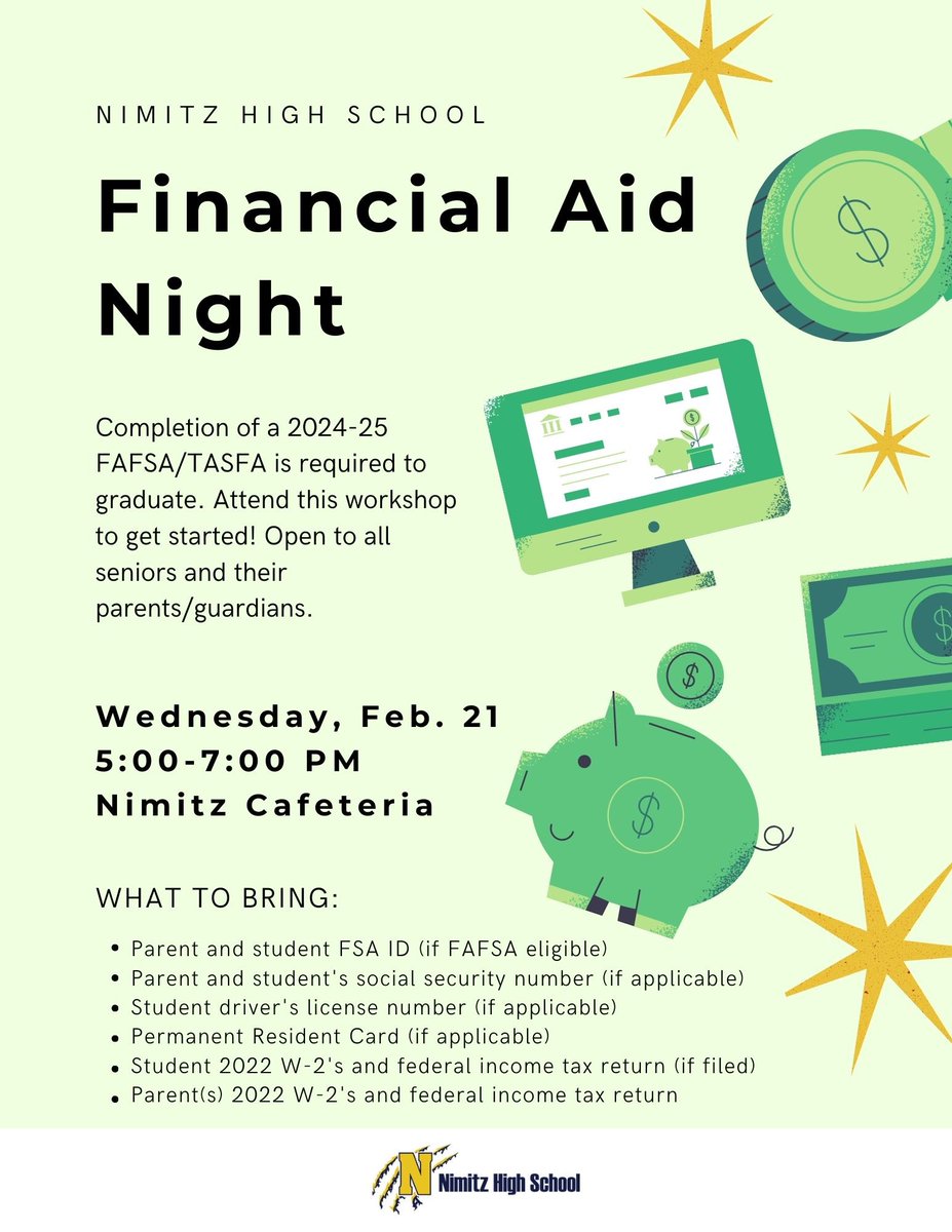 🚨FAFSA/ TASFA night next week!!🚨 Come out 2/21 on Wednesday to work on FAFSA/TASFA. All seniors and parents/guardians welcome!