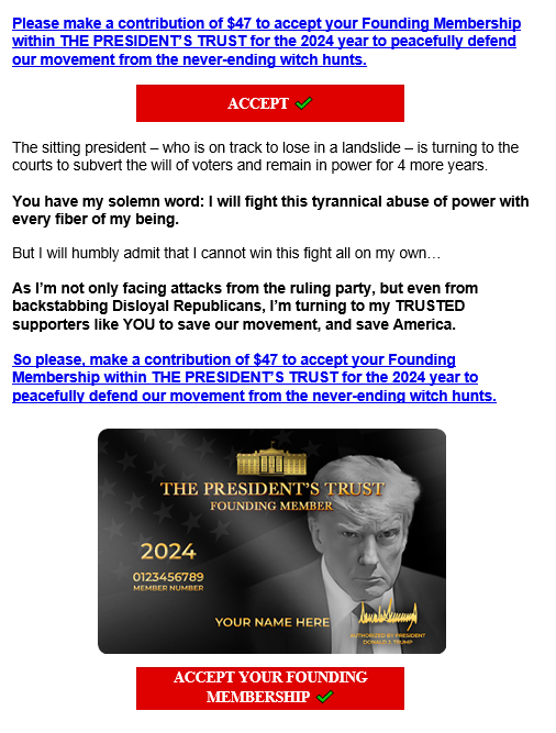 IamVyv's tweet photo. The #CrapInTheCap has started sending me #Griftmails from his #Scampac again. This is the latest one. You can tell it is going to be full of lies and BS as soon as you read the first sentence. ๐คฆโโ๏ธ๐
I have copied it in two parts, as the middle bit contained my e-mail address. https://t.co/8uNzQXroNs
