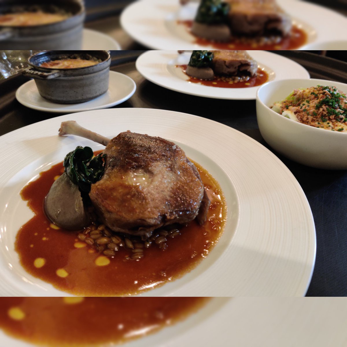Confit Duck leg, Jerusalem artichoke &amp; barley dressing <a href="/Odettes_rest/">Odettes Restaurant</a> 
on our lunch &amp; early evening menu
<a href="/Brynwchef/">Bryn Williams</a>