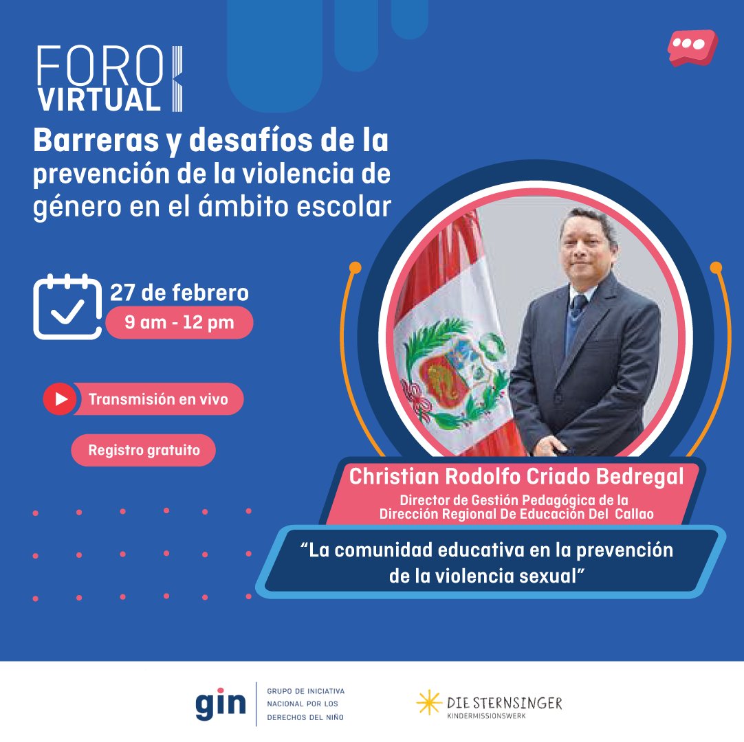 Fecha: 27 de febrero
Hora: 9am - 12m
Invitados: MINEDU, DREC, MIMP y Representantes de la sociedad civil

Regístrate gratis aquí:📷 bit.ly/ForoPrevencion…