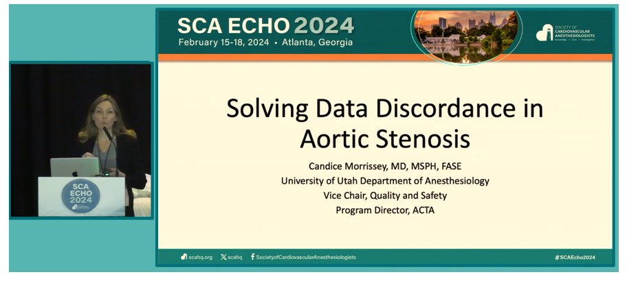 Dr Candice Morrissey (Hopkins fellowship alum) discussing Aortic Stenosis in Atlanta! Expert in the field - tremendous educator! @HopkinsACCMCard @HopkinsACCM @scahq @UofU_Anesthesia