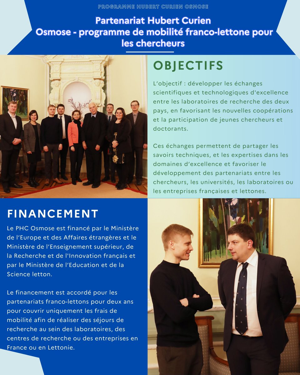 FrancijaLatvija's tweet photo. Le partenariat Hubert Curien franco-letton Osmose depuis plus de vingt ans structure  la coopération entre les chercheurs, les laboratoires et les universités  🇫🇷🇱🇻 pour des échanges scientifiques et technologiques d’excellence.  

Découvrez ses objectifs et son histoire ! ⬇️ https://t.co/kNyVRS6dHf