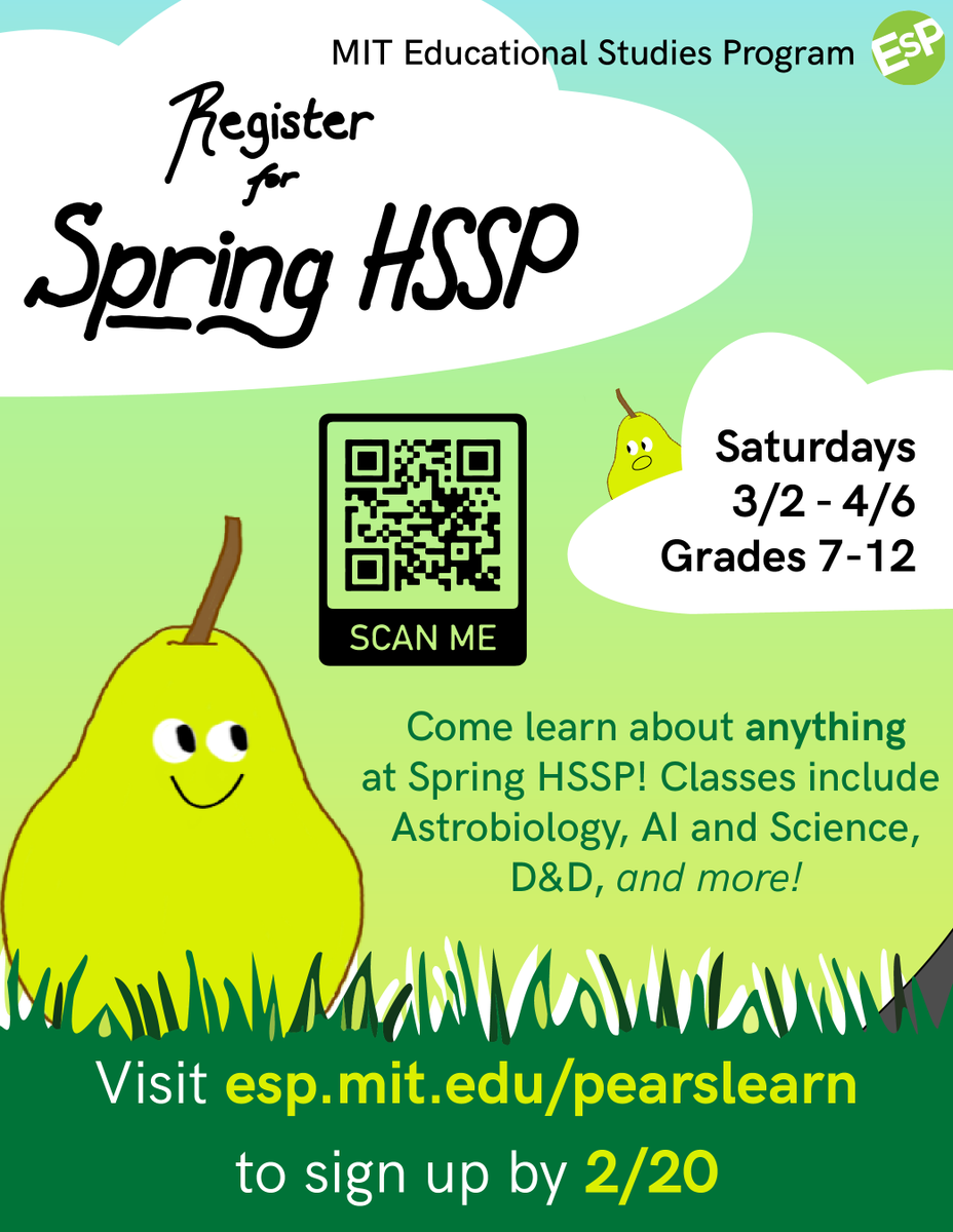 🍐🍐🍐

A few days left to register for Spring HSSP. Visit esp.mit.edu/pearslearn to learn more!
