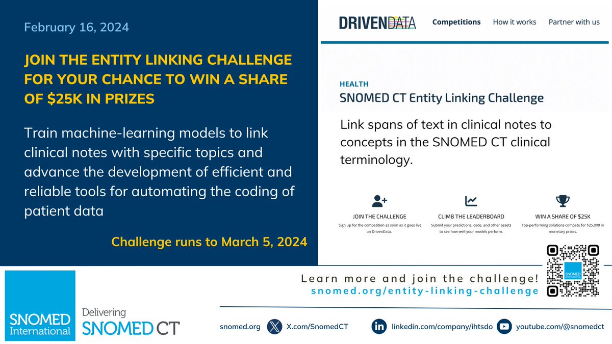 The @SnomedCT Entity Linking Challenge closes on March 5! Visit drivendata.org/competitions/2… for details and to learn how to enter to win a share of the $25K in prize money! Track your progress against your competitors on a leaderboard: drivendata.org/competitions/2…