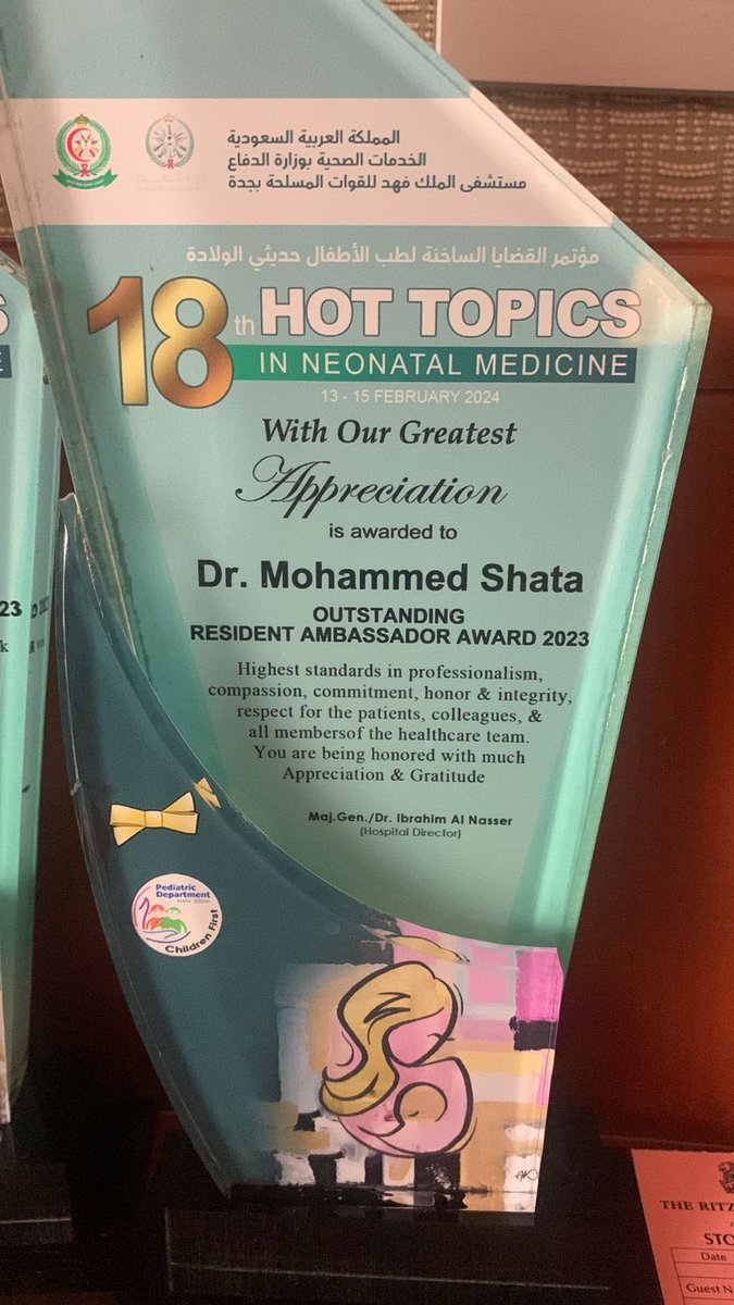 KFAFHneo's tweet photo. @event_imed 3.Dr. Yaseer Balbid “Best NICU Fellow”
4.Dr. Hanin Almasoudi “Best Pediatric Resident”
5.Dr. Mohammed Shata “Outstanding Resident Ambassador” #HotTopics18 https://t.co/jhuYeALucu