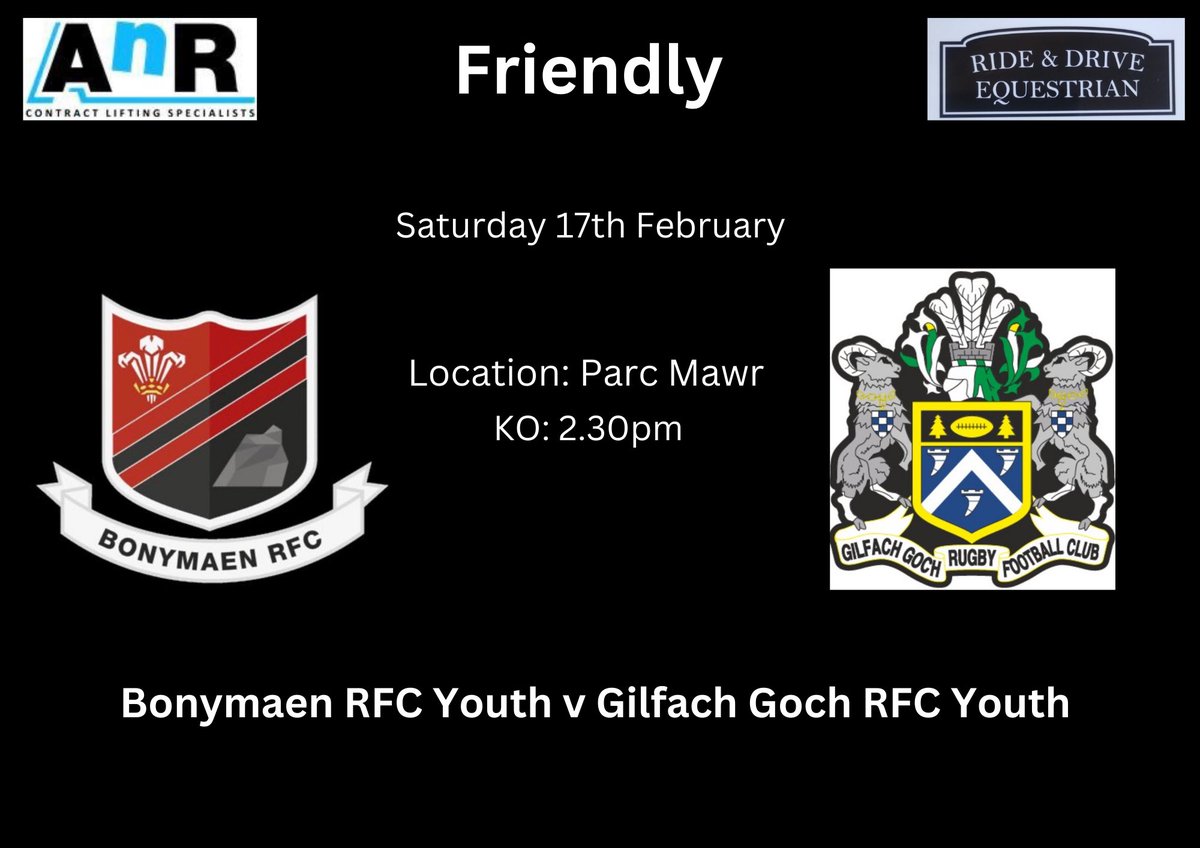 🔴⚫️Saturday 17th February🔴⚫️

Our Youth take on @GilfachYouthRFC in a friendly tomorrow.

Come and support some grassroots rugby during the six nations break this weekend!

Kick Off - 2:30pm at Parc Mawr🔴⚫️