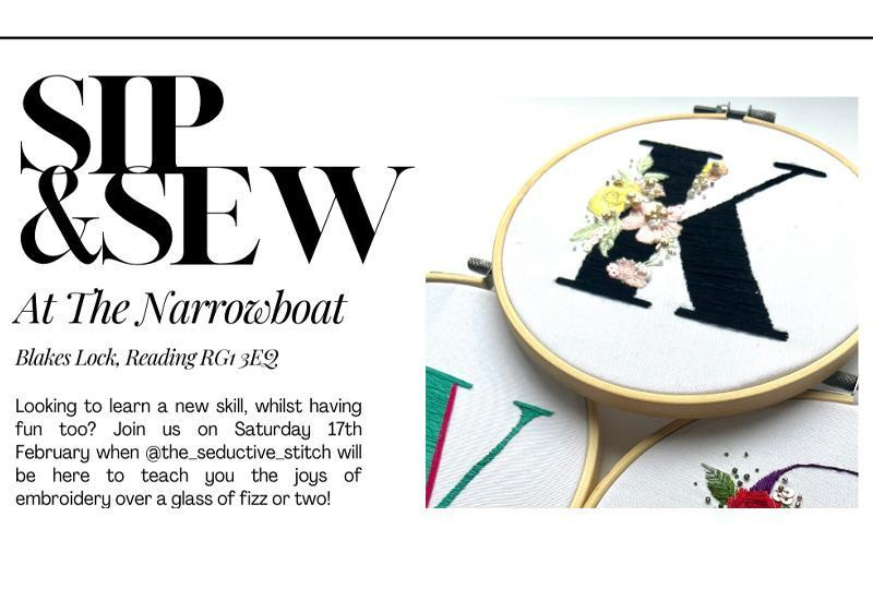 There's a busy weekend planned at The Narrowboat! Tomorrow, it's Sip & Sew: Katy Horwood from @SeductiveStitch will teach you the joys of embroidery over a glass of fizz or two! whatsonreading.com/venues/narrowb… 1/3