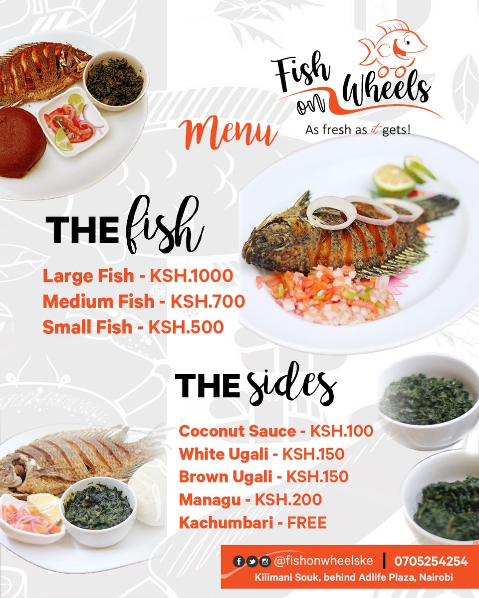 Fishonwheels_ke's tweet photo. Hi to our new guests! We keep it nice and classic, here is our mini menu below!
🐟Small- Ksh.500
🐟Medium - Ksh.700
🐟Large - Ksh.1000

Craving something? Call our kitchen directly on +254705254254 for quick and efficient orders!

#fishonwheels #menu #meals #tilapia #eatout https://t.co/8AdmUZaD1d