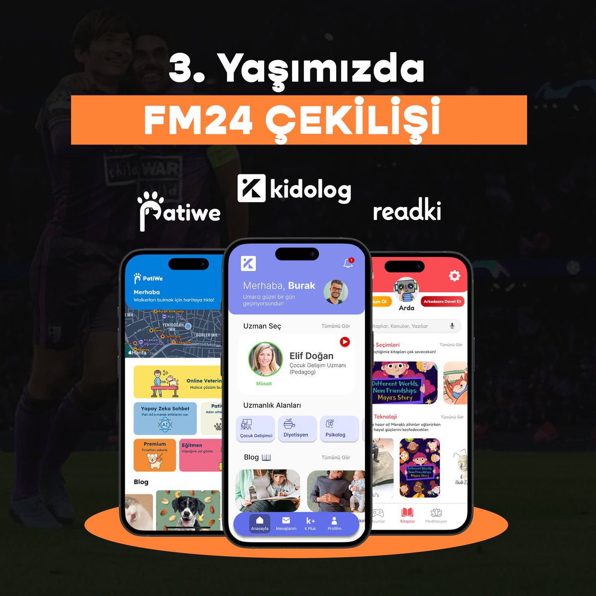 🎁 FM24 Çekilişi 🎁 🔥 Çalıştığım şirketim Kidolog, 3. yaşını kutlarken dedim bizim takipçilere de bir hediye lazım! #FM24 Çekilişe katılmak için; ✅ Bu tweet'i RT'le. ✅ Kidolog, Readki ve PatiWe uygulamalarını telefonuna indirip, indirdiğini ss al ve bu tweet altına gönder.