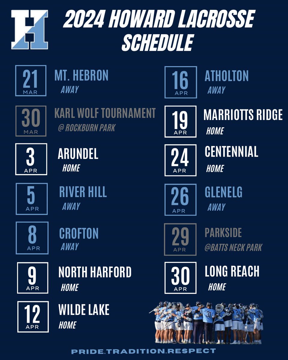 Howard_Lacrosse's tweet photo. Mark your 🗓️ the 2024 Howard Boys Lacrosse Schedule is here! Come check out the Lions in action this spring.

#PTR https://t.co/EtI3g9pLhS