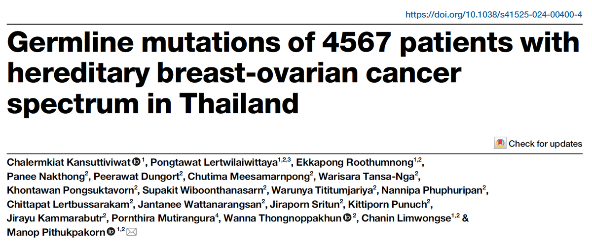 ManopPit's tweet photo. New paper on germline mutations of 4,567 Thai hereditary breast-ovarian cancer patients showed 35% of those were in non-BRCA genes with ATM being the most common. Supporting evidence of gene panel over BRCA-only testing.
https://t.co/eSldK05s9N 
https://t.co/3rxwRL7KPG https://t.co/kymbHucOP6