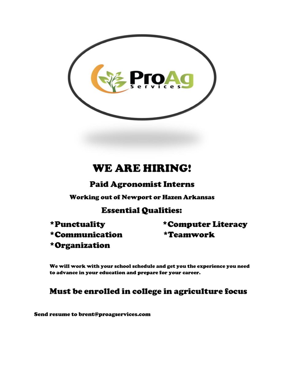 We are in need of 1-2 more interns for this growing season. Please email resume and cover letter to brent@proagservices.com