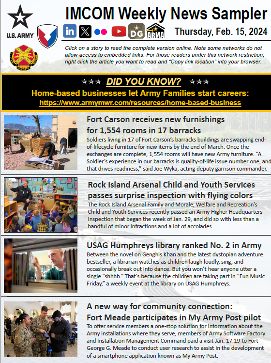 Be sure to keep up with the latest news at our Army garrisons by reading our Weekly News Sampler! spr.ly/6017V7aNl Also, find out how home-based businesses let Army Families start careers: spr.ly/6011V7aNU We Are The #ArmysHome #PeopleFirst