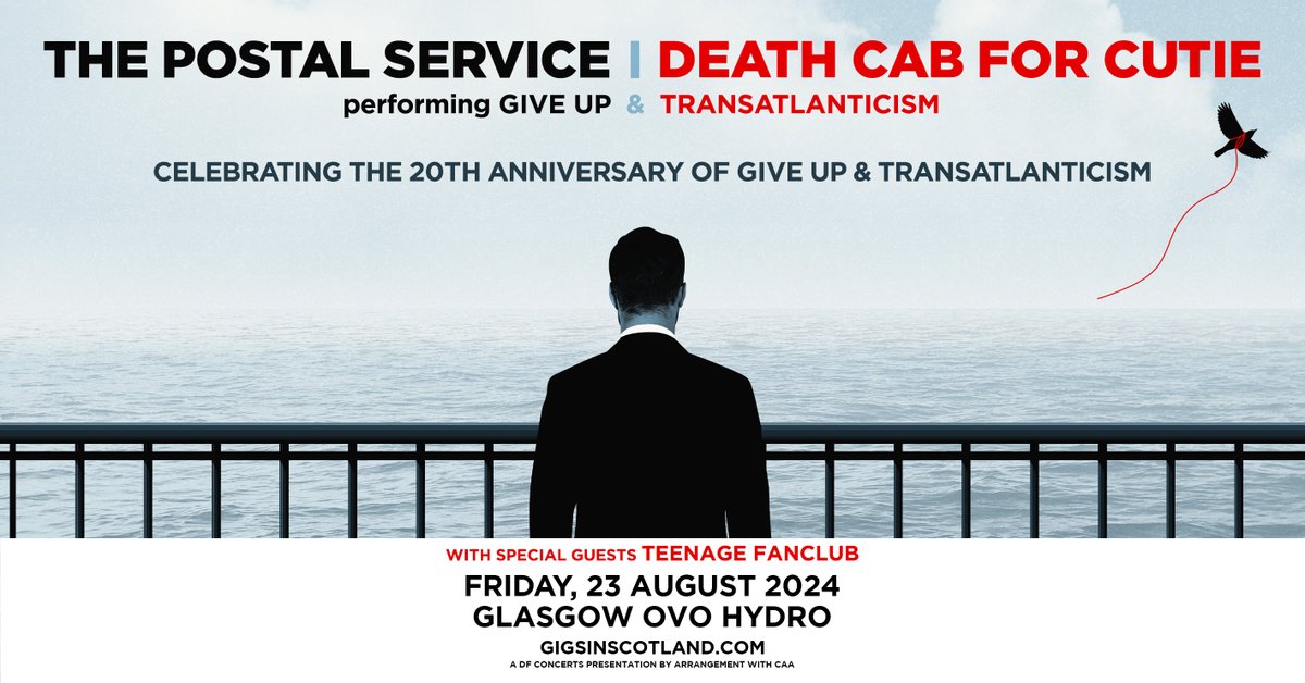ANNOUNCED 📣

The Postal Service and Death Cab For Cutie join forces on 23 August at the OVO Hydro - with special support from Teenage Fan Club!

#OVOLive presale 9am, Wed 21 February 
Tickets on sale 9am, Fri 32 February ➡️ bit.ly/49C8uV9
