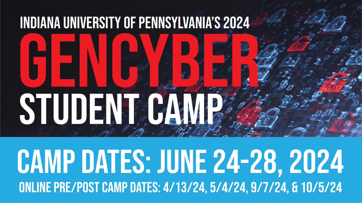 PC4ASTEM's tweet photo. @iupedu is still accepting applications for the GenCyber Cybersecurity Camp for middle and high school students! This face-to-face camp will be held at IUP Main Campus on June 24-28, 2024. Applications close on February 21, 2024. Apply today at https://t.co/9D6moQ06mT! https://t.co/KNIxzOTcbN