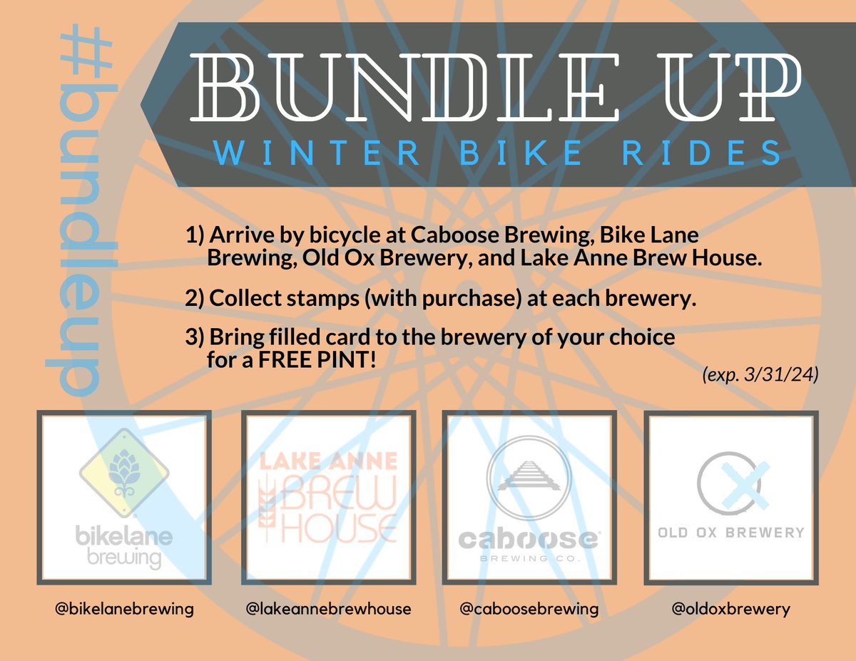 lakeannebrew's tweet photo. Love beer, bikes, and fresh air? #BundleUp and get outside! Arrive by bike at LABH, Caboose, Old Ox & Bike Lane, have a beer, get all 4 stamps, and pick at pint at your favorite! Pick up a card (or print this one)
.
#bundleupbikeride #bikesandbeer #localbeerisbetter #getoutthere https://t.co/NeQ3ecUr8k