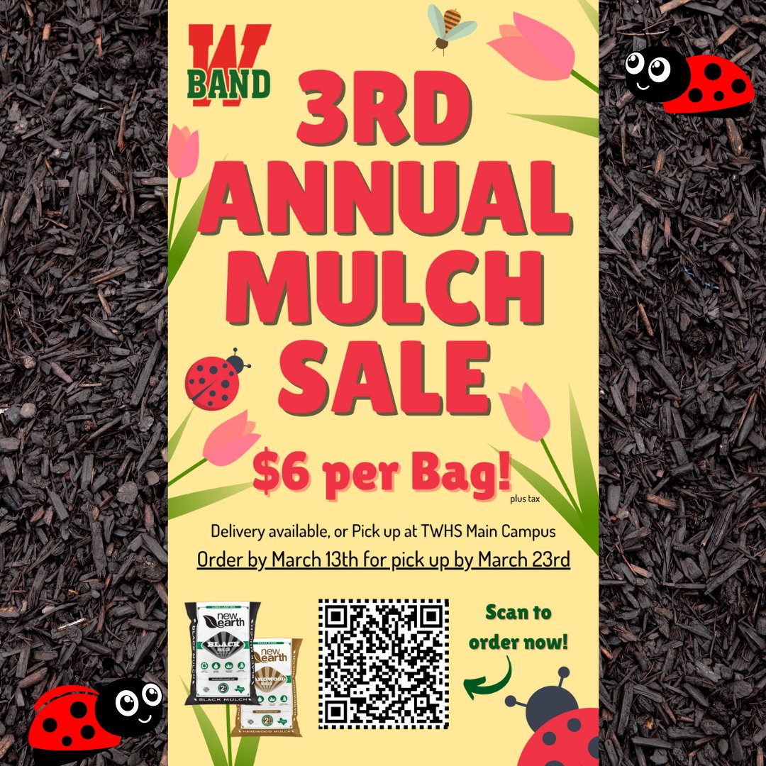 twhsbandbooster's tweet image. 🌿 Our 3rd Annual Mulch Fundraiser is happening now! 🌳 Order your mulch and SHARE this opportunity with your family, friends and neighbors! ORDER via cognitoforms.com/TWHSBand1/TWHS…  
#MulchFundraiser 
#SupportTheBand 
#BeautifyWithMulch 
#StudentIncentives 🌳👍