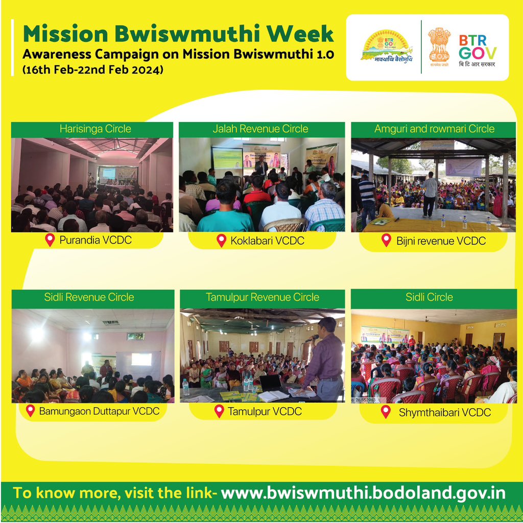 PramodBoroBTR's tweet photo. Day 1 of Mission Bwiswmuthi Week 

With the aim of educating the citizens of BTR about Mission Bwiswmuthi 1.0, our Govt. of BTR has started “Mission Bwiswmuthi Week” from today.

This BTR-wide VCDC-level grassroots awareness campaign will seek to inform the citizens on how to avail all 13 land related services, which have been digitised by our Govt. under our flagship initiative.

Under this campaign, live presentations on how to avail land-related services will be given by EMs, MCLAs Circle Officers, BDOs, and DPMs/BPMs, VCDC Chairmen & senior officials of Govt. of BTR, to impart training & raise awareness among the citizens about seamlessly resolving their land-related issues through our online portal.