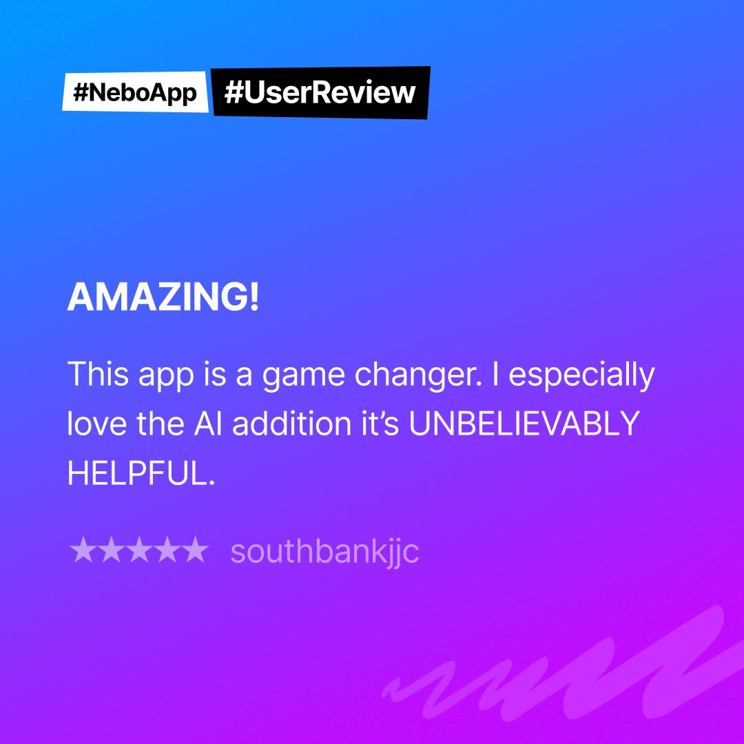 nebo_app's tweet image. Delighted to know #NeboAI is so helpful to our users 🤗 Thanks southbankjjc for your 5-star review! #GameChanger #UserReview