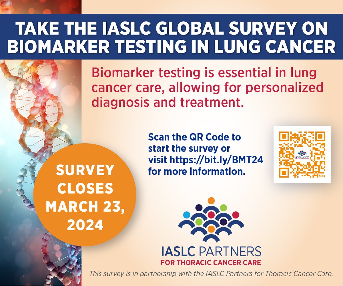 IASLC (@iaslc) on Twitter photo Biomarker testing is crucial in personalized diagnosis & treatment of #lungcancer. The #IASLC needs your input! Take the Biomarker Testing Survey & help us improve care worldwide. The survey is available in 6 languages & takes just a few minutes.  bit.ly/BiomarkerS24 #LCSM Biomarker testing is crucial in personalized diagnosis & treatment of #lungcancer. The #IASLC needs your input! Take the Biomarker Testing Survey & help us improve care worldwide. The survey is available in 6 languages & takes just a few minutes.  bit.ly/BiomarkerS24 #LCSM