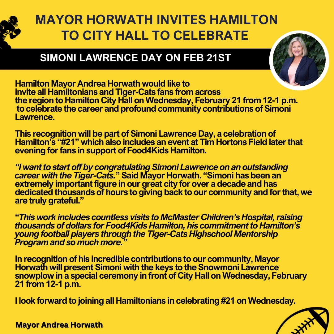 I am so excited to invite everyone to City Hall to celebrate our very own Simoni Lawrence. He has had an outstanding career with the Hamilton Tiger Cats and has become a notable figure within our community. Simoni has dedicated thousands of hours in Hamilton that have left a long…