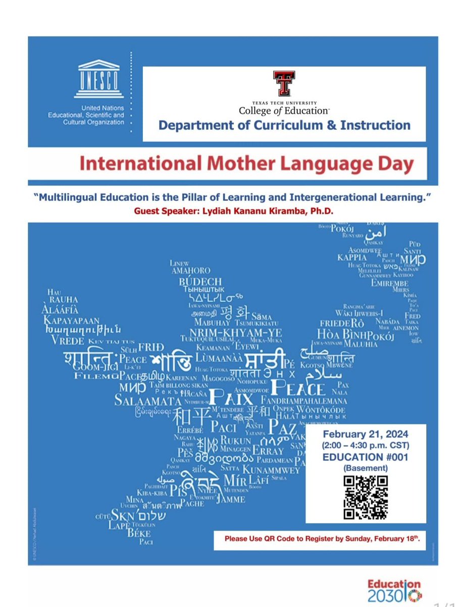 unltlte's tweet photo. Congratulations to Dr. @LKiramba, featured keynote speaker for #InternationalMotherLanguageDay on February 21st at @TTUEducation! Registration is open to all via QR code. @UNLincoln @UNL_CEHS @GlobalNebraska @UNLGlobalEx @UNLGLST https://t.co/diZAhmtMMW