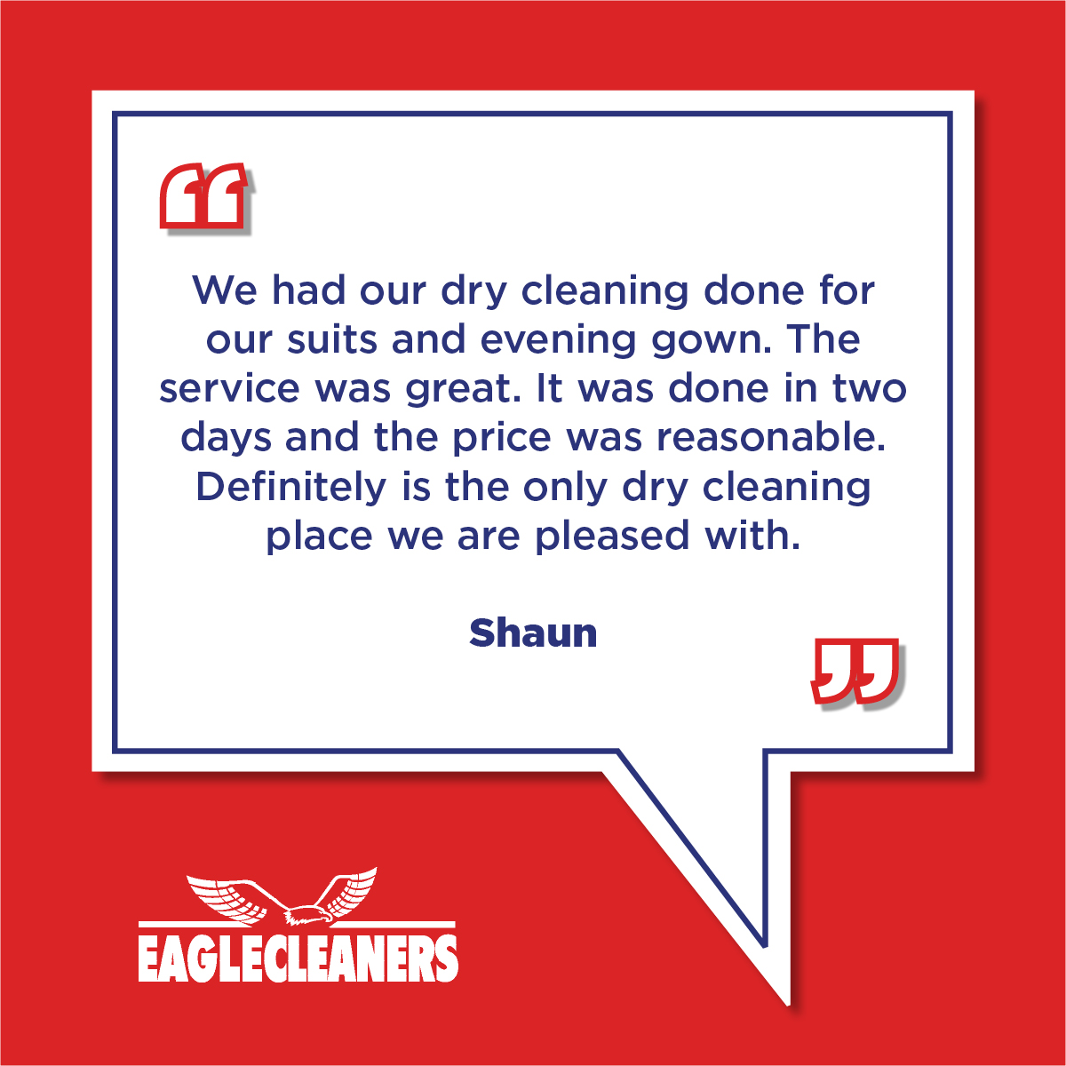 Eagle_Cleaners's tweet image. Shaun, we thank you for the kind review! Eagle Cleaners has got you covered for all your elegant and evening wear. We even offer same-day pickup at reasonable prices. We can't wait to see you here! ❤️
 #SameDayService #FastTurnaround #FastDryCleaners #EagleCleaners