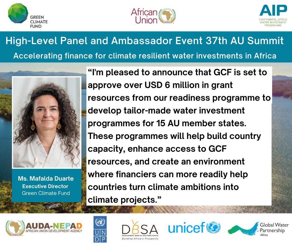 Africa Water Investment Programme - AIP (@aipwater) on Twitter photo <a href="/theGCF/">Green Climate Fund</a> says Africaâs water scarcity crisis demands substantial investment, with current yearly funding levels falling short of the required $30 billion.
GCF has committed $3.5 billion to drive resilient water systems in 28 African countries but asks other financiers to join. <a href="/theGCF/">Green Climate Fund</a> says Africaâs water scarcity crisis demands substantial investment, with current yearly funding levels falling short of the required $30 billion.
GCF has committed $3.5 billion to drive resilient water systems in 28 African countries but asks other financiers to join.