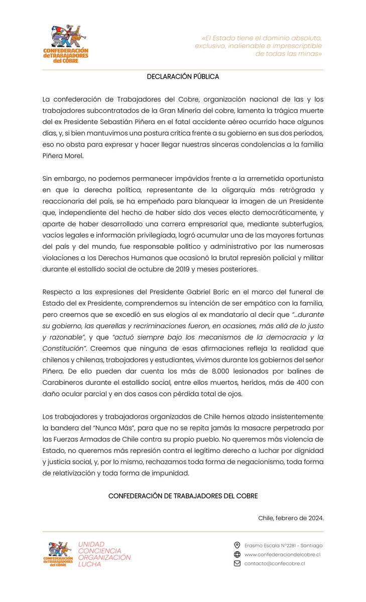 #ComunicadoCTC | Creemos que ninguna de esas afirmaciones refleja la realidad que chilenos y chilenas, trabajadores y estudiantes, vivimos durante los gobiernos del señor #Piñera