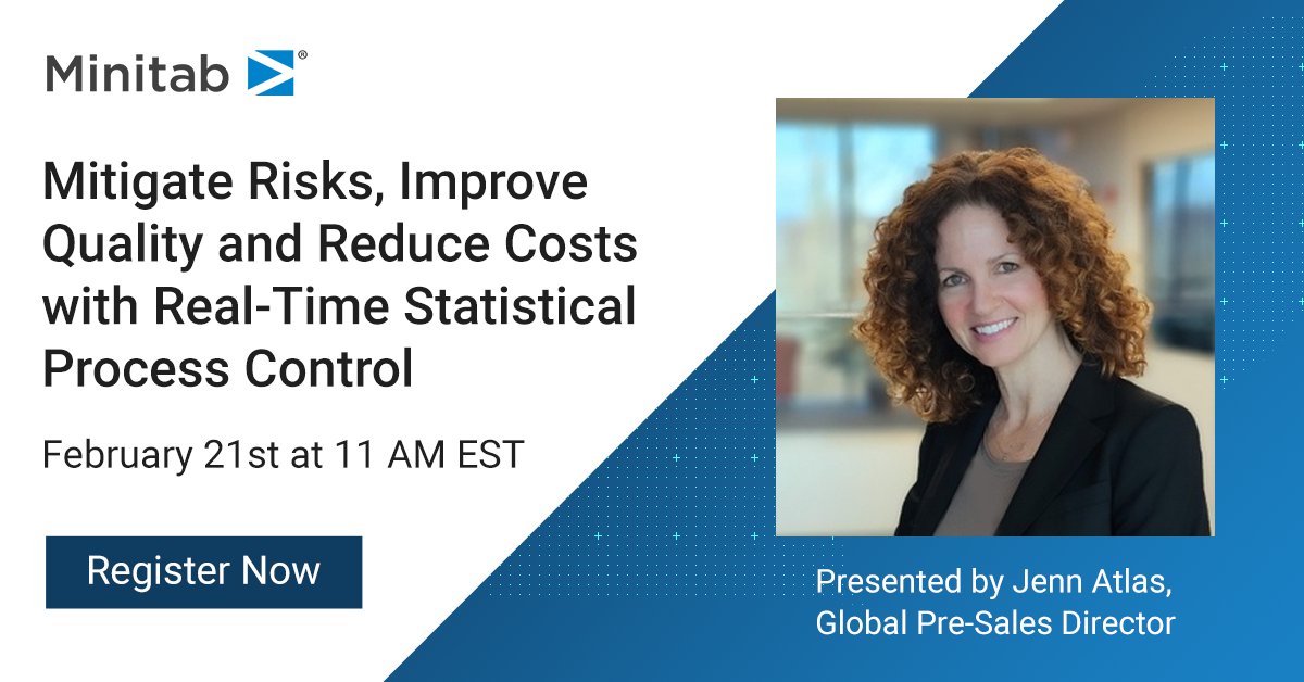 Minitab's tweet image. Identify issues early. Join us next week to learn how Minitab’s Real-Time SPC solution provides cloud-based performance monitoring and alerting that enables true process optimization. 4wrd2.com/VqHjEnK #StatisticalProcessControl #RealTimeAnalytics