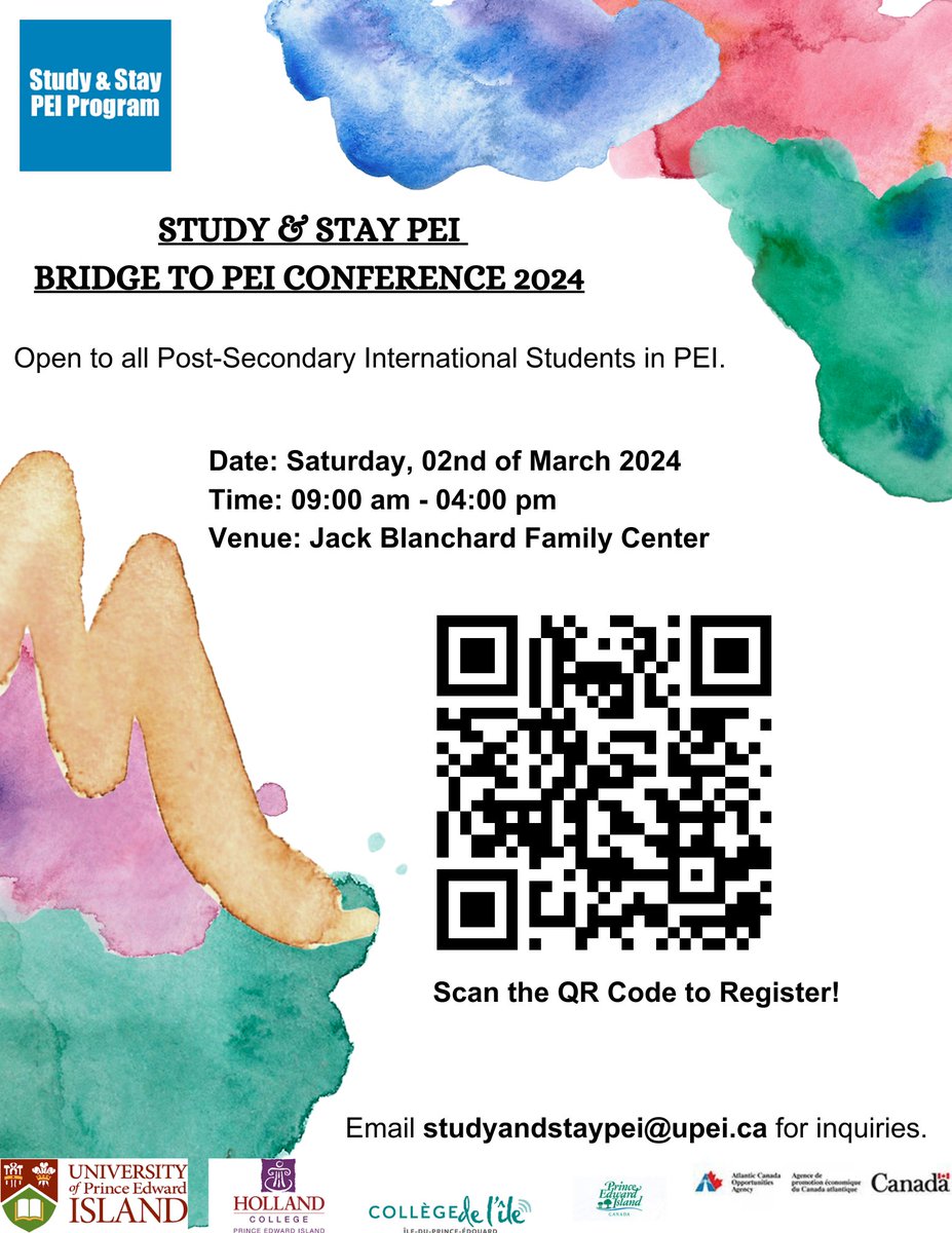 StudyandStayPEI's tweet photo. Registrations are now open to the Bridge to PEI Conference. 
Please scan the QR Code to register for the conference on the March 2. 
All post-secondary international students are welcome! https://t.co/OYJHNfYDXq